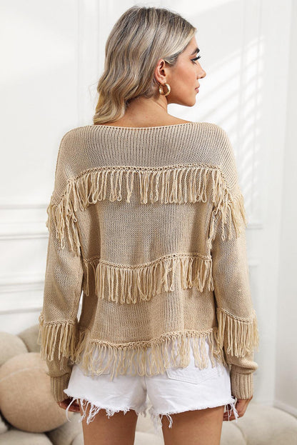 Women's Khaki Boho Fringe Tasseled Knitted Sweater - - Sweaters