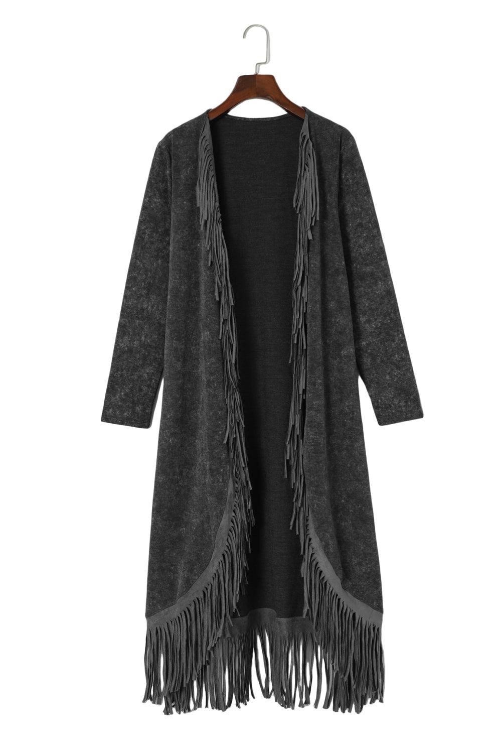 Women's Black Mineral Washed Tassel Open Front Long Cardigan - - Cardigans