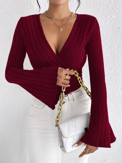 Ribbed Flare Sleeve Top - Burgundy - clothing top