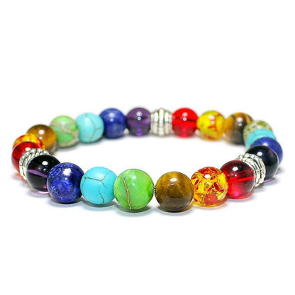 7 Chakra Healing Lava & Tiger Eye Beaded Bracelet - 8MM Unisex Yoga Jewelry - - bracelet