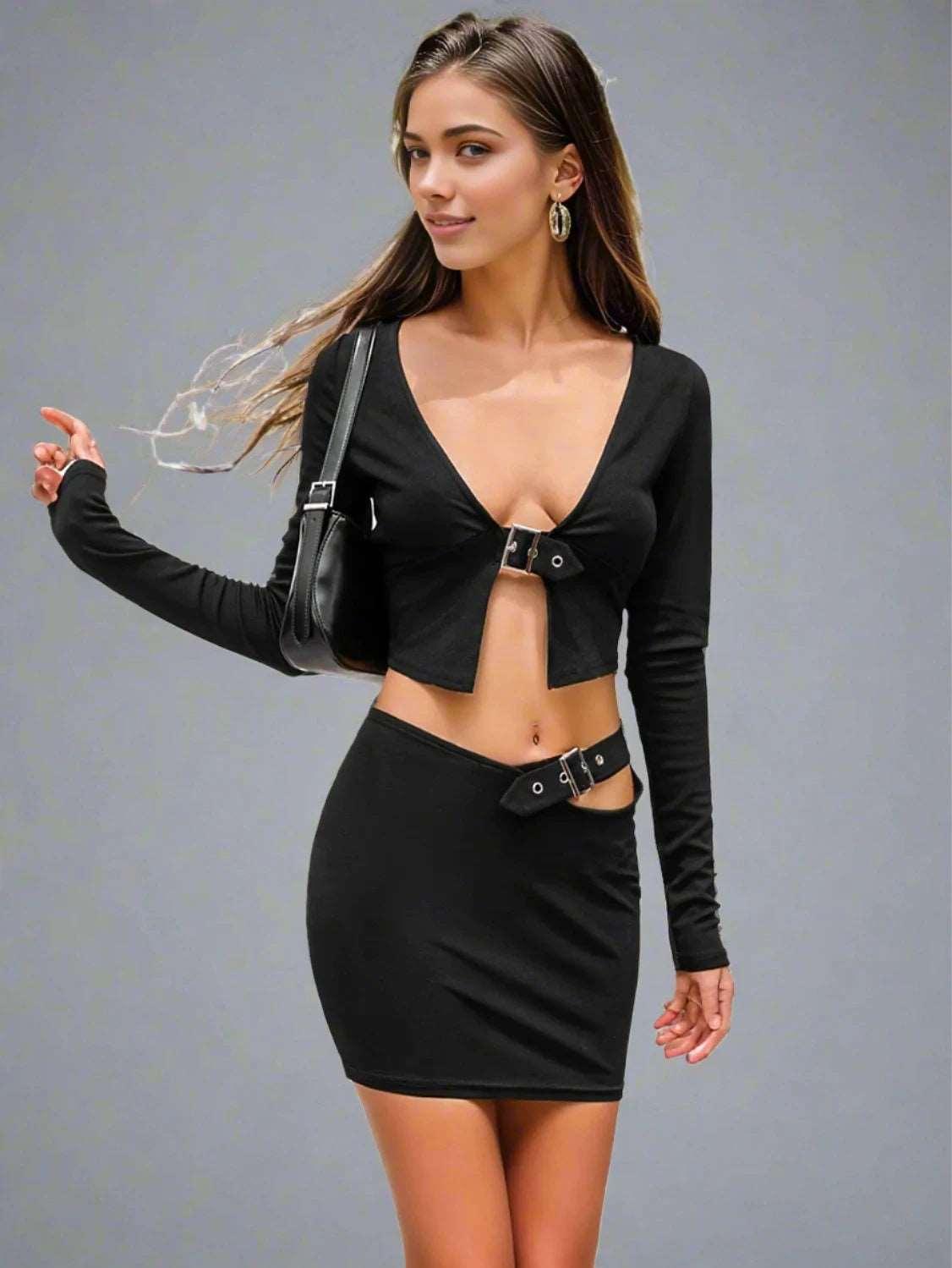 Cropped Top and Cutout Skirt Set - Black - Women's Fashion - Women's Clothing - Suits & Sets - Women's Sets