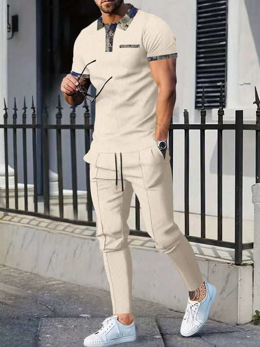 Men’s Plus Size Waffle Knit Polo & Pants Set – Soft Texture, Everyday Comfort - Beige - Men's Sets