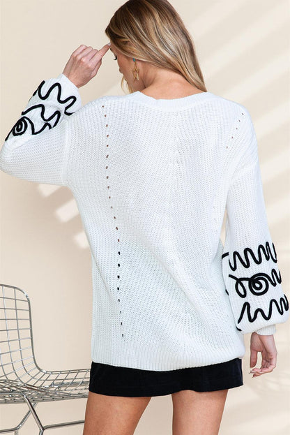 Women's Bright White Abstract Sleeve Knitted Sweater - - Sweaters