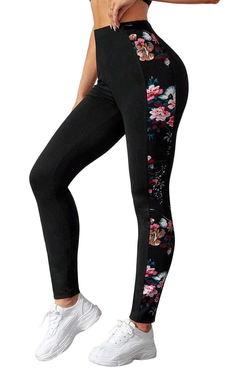 Women's Black Floral Print Patch High Waist Leggings - - Leggings