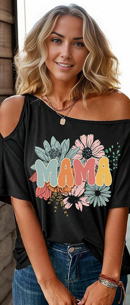 MAMA One Shoulder Half Sleeve T-Shirt - Black - Women's Fashion - Women's Clothing - Tops & Tees - Tank Tops