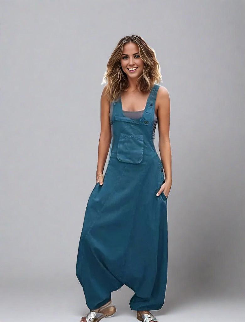 Women Summer Loose Thin Jumpsuits Harem Pants Wide Leg Pants Sleeveless Pockets Bib Jumpsuit Siamese Trousers Large Size S-5XL - Blue - women's bottom