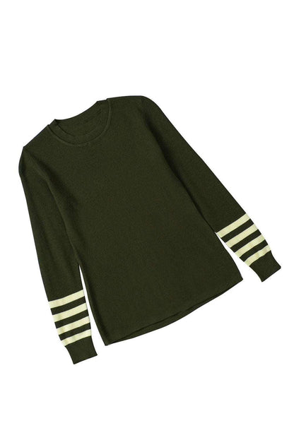 Women's Black Casual Crew Neck Striped Sleeve Knit Sweater - - Sweaters