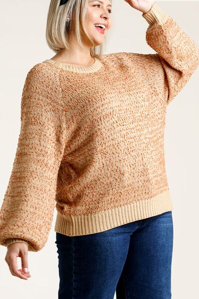 Umgee Full Size Ribbed Hem Round Neck Long Sleeve Popcorn Sweater Plus Size - -