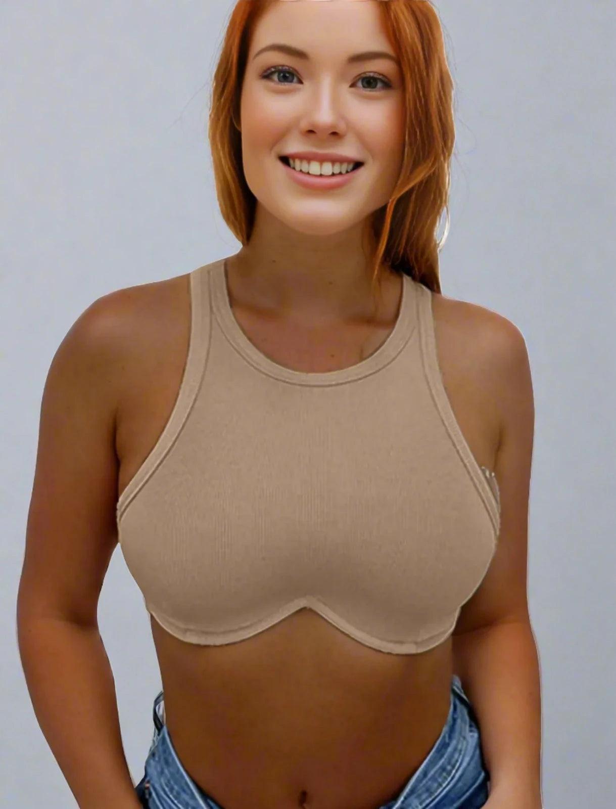 Sexy Crop Top Wipe Chest Solid Color Summer Tops For Women 2023 Round Neck Basic Top Women - Khaki - women's top