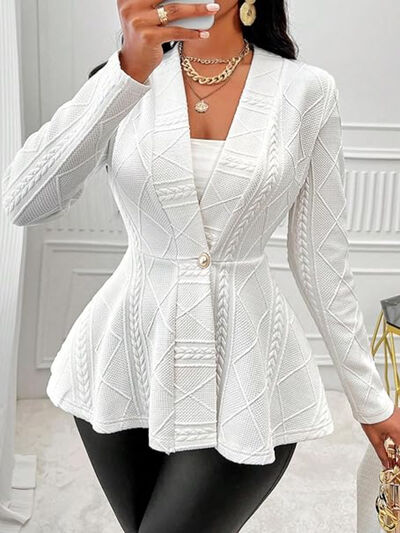 One Button Textured Peplum Cardigan - White -