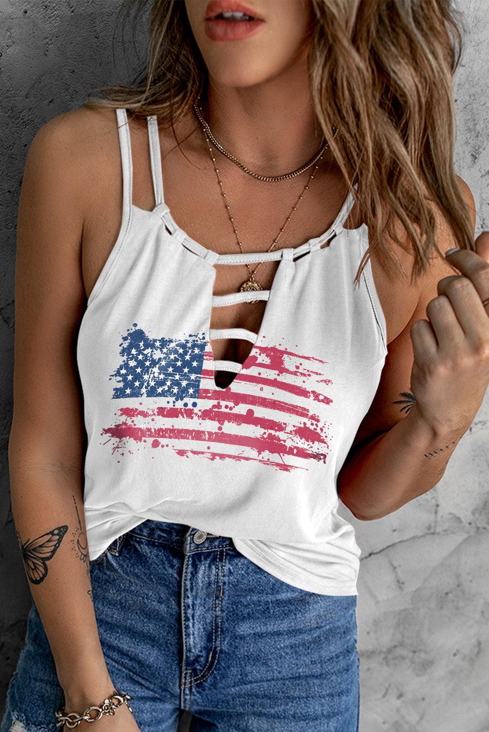 Women's White Distressed American Flag Print Spaghetti Strap Tank Top - White - Graphic Tank Tops