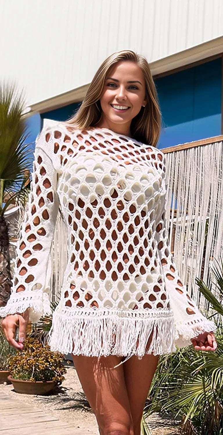 Fringe Cutout Long Sleeve Cover Up - White - Women's Fashion - Women's Clothing - Tops & Tees - Tank Tops