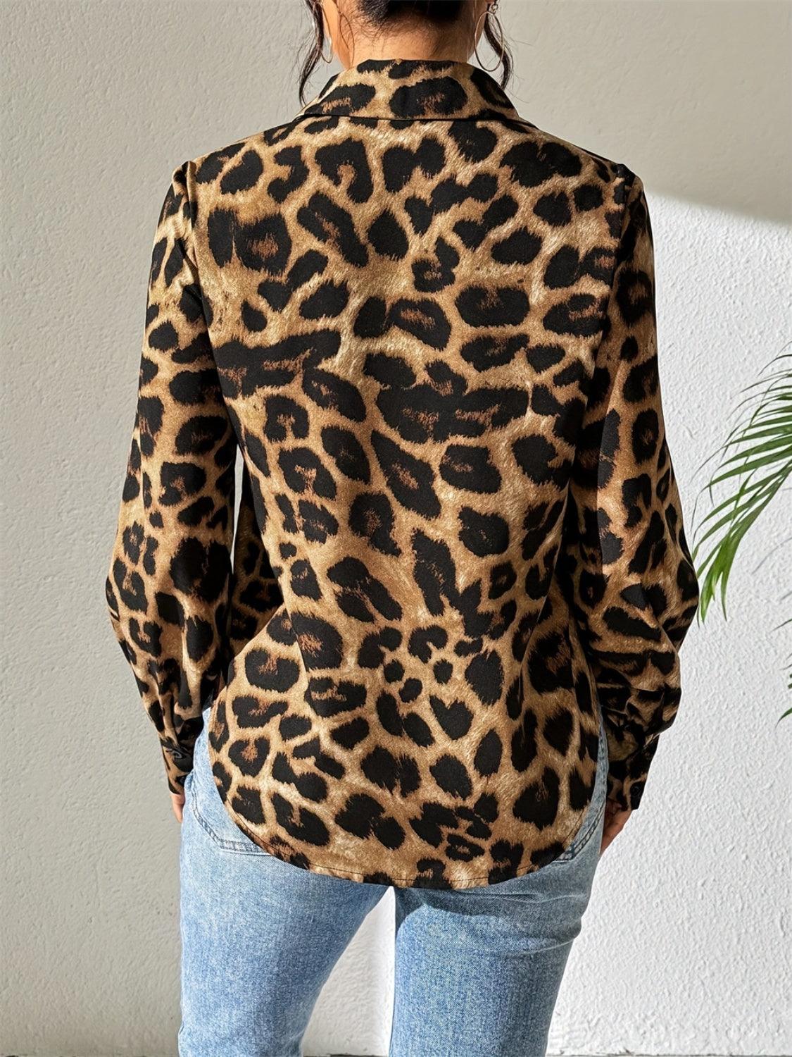 Leopard Print Collared Long Sleeve Button-Up Shirt – Chic & Comfortable - - Women's Fashion - Women's Clothing - Tops & Tees - Tank Tops