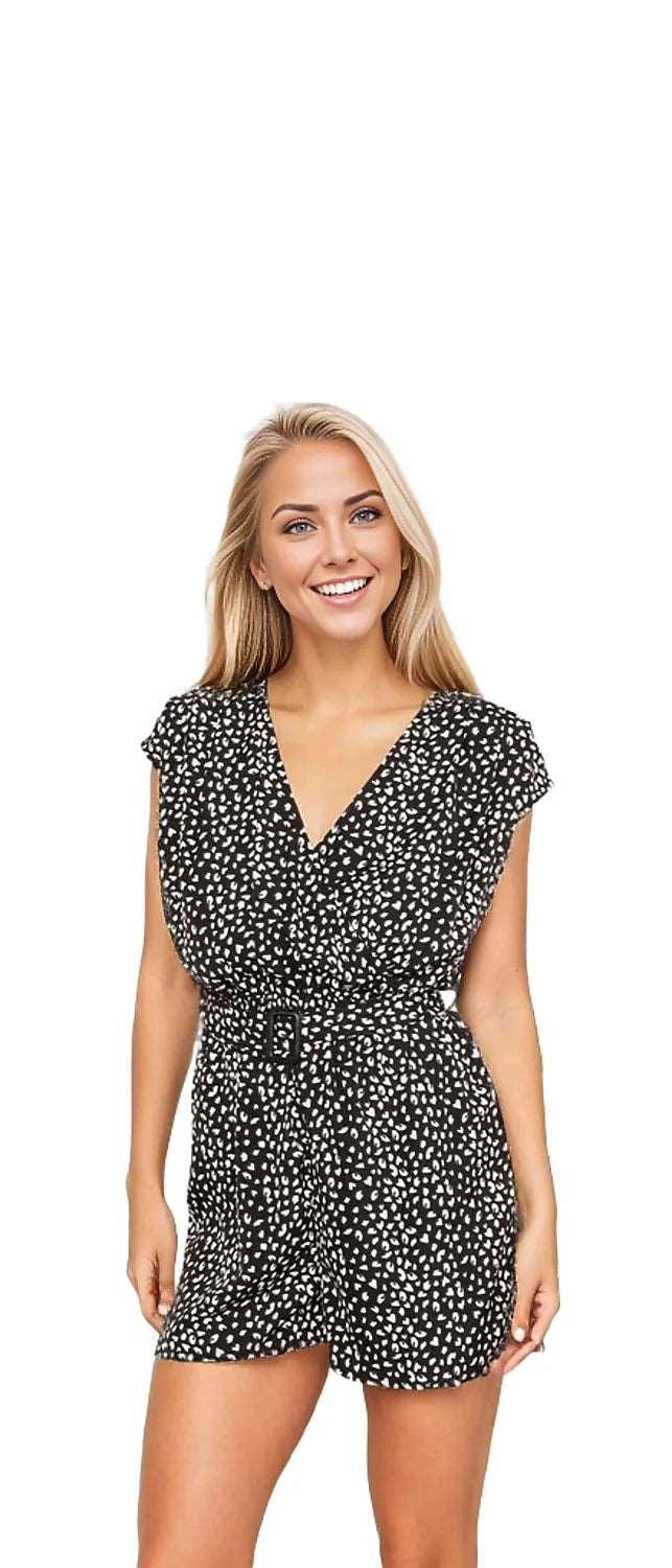 Double Take Animal Print Belted Romper ! - Black - Romper