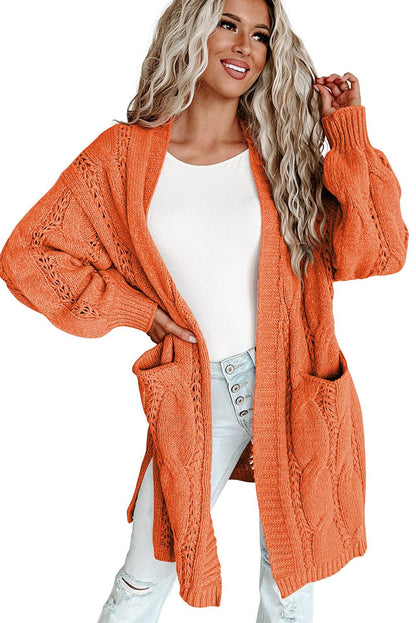 Women's Khaki Ribbed Trim Hollow Knit Side Slits Cardigan - - Cardigans