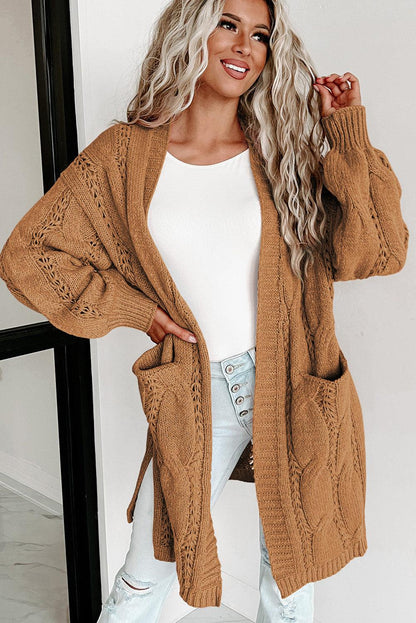 Women's Khaki Ribbed Trim Hollow Knit Side Slits Cardigan - - Cardigans