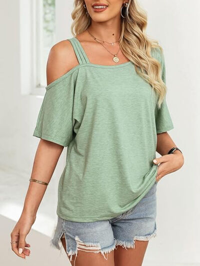 Asymmetrical Neck Half Sleeve T-Shirt - Gum Leaf -