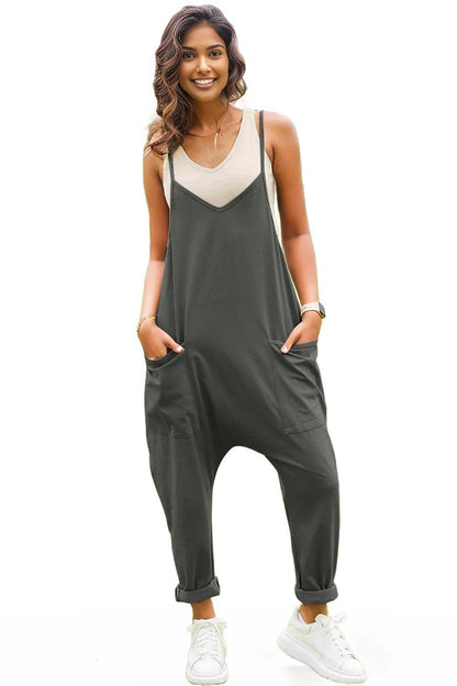 Double Take Full Size Sleeveless V-Neck Pocketed Jumpsuit ! - Charcoal - Women's Fashion - Women's Clothing - Bottoms - Leggings