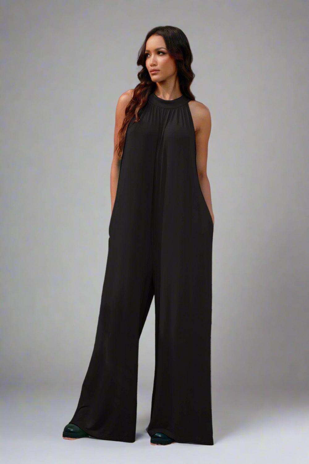 Double Take Full Size Tie Back Cutout Sleeveless Jumpsuit ! - Black - Women's Fashion - Women's Clothing - Suits & Sets - Women's Sets