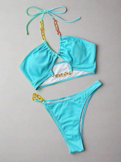 Halter Neck Chain Detail Two-Piece Bikini Set - - women swimsuit