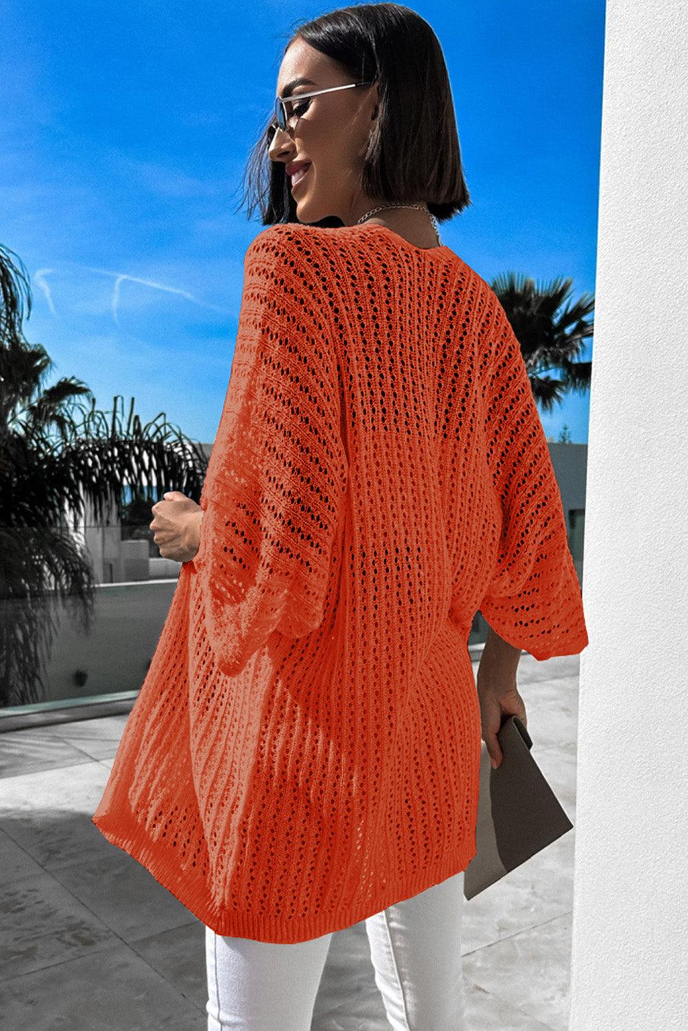 Women's Orange Hollow-out Bracelet Sleeve Knit Cardigan - - Cardigans