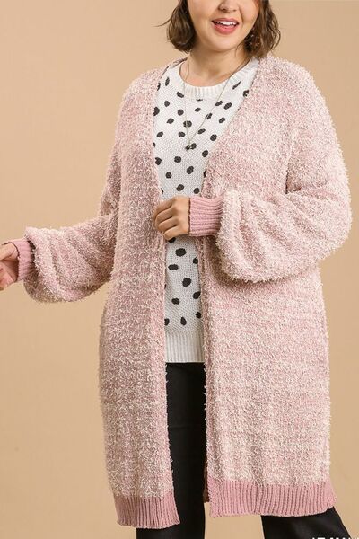 Umgee Full Size Ribbed Hem Open Front Longline Cardigan Plus Size - -