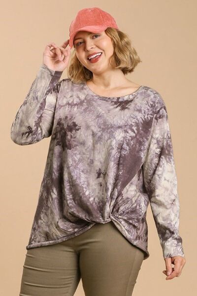 Umgee Full Size Tie Dye Front Gathered Detail Round Neck Long Sleeve T-Shirt Plus Size - -