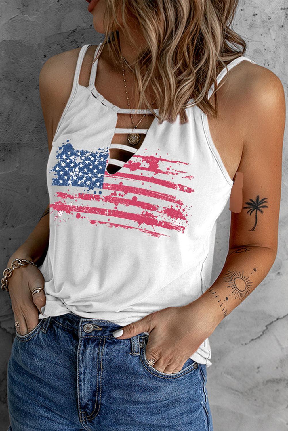 Women's White Distressed American Flag Print Spaghetti Strap Tank Top - - Graphic Tank Tops