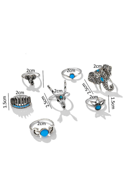 Women's Silver 7Pcs Animal Deer Head Elephant Ring Set - - Rings