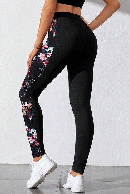 Women's Black Floral Print Patch High Waist Leggings - - Leggings