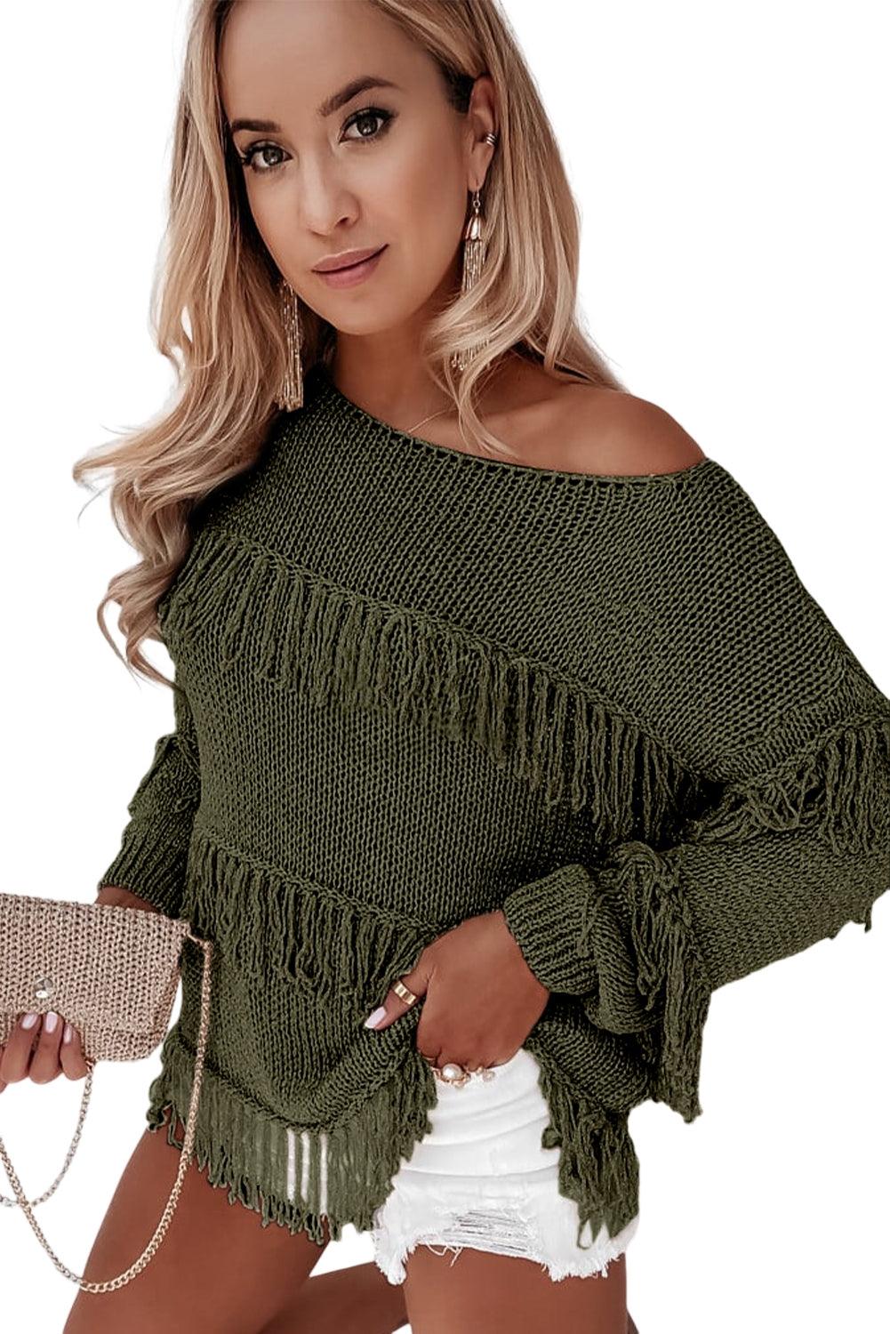 Women's Khaki Boho Fringe Tasseled Knitted Sweater - - Sweaters