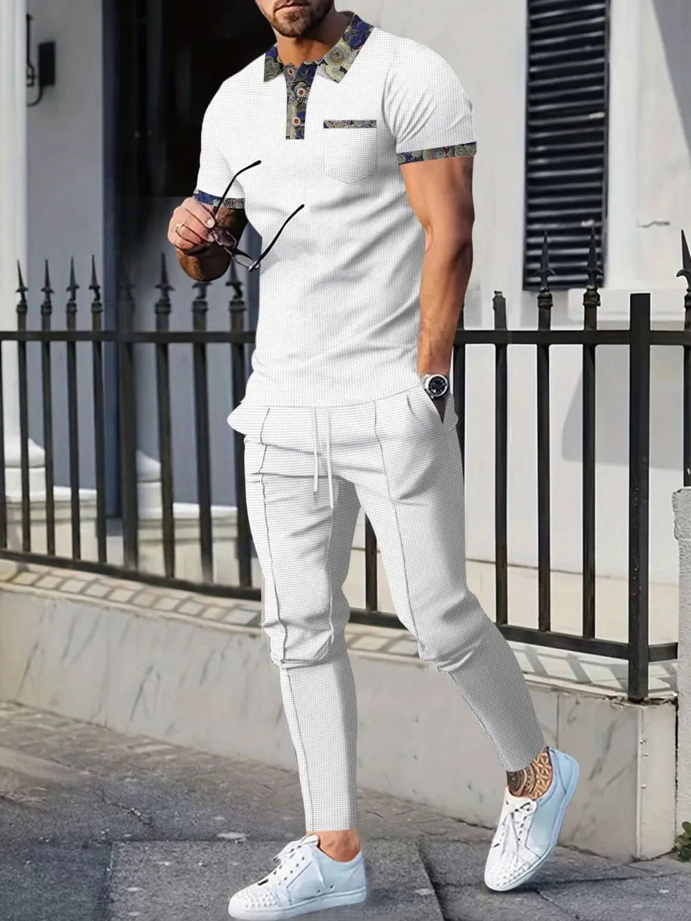 Men’s Plus Size Waffle Knit Polo & Pants Set – Soft Texture, Everyday Comfort - White - Men's Sets