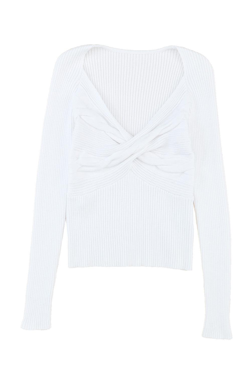 Women's White Basic Cable Crossed V Neck Sweater - - Sweaters