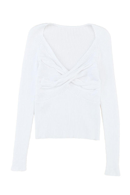 Women's White Basic Cable Crossed V Neck Sweater - - Sweaters