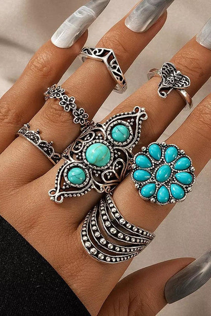 Women's Green Vintage 7Pcs Floral Geometric Turquoise Ring Set - - Rings