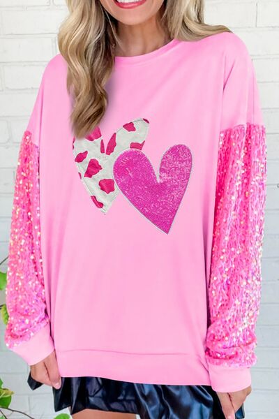 Valentine’s Day Sequin Heart Long Sleeve Sweatshirt - -