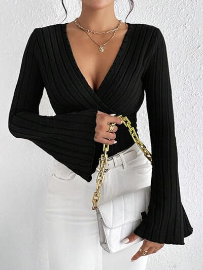 Ribbed Flare Sleeve Top - Black - clothing top