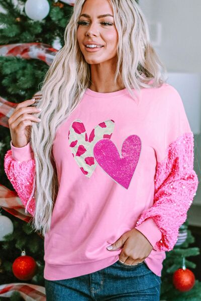 Valentine’s Day Sequin Heart Long Sleeve Sweatshirt - Fuchsia Pink -