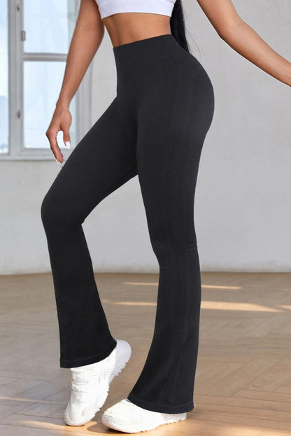 Women's Black Basic Tummy Control High Waisted Flared Sports Pants - - Workout Leggings