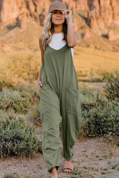 Double Take Full Size V-Neck Sleeveless Jumpsuit with Pockets - Army Green - Women's Fashion - Women's Clothing - Suits & Sets - Women's Sets