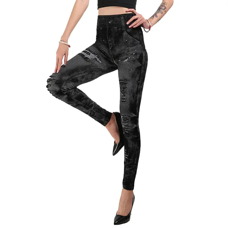 Push Up Jean-Look Leggings – Stretchy, Ripped Design, Perfect for Gym & Street - - leggings