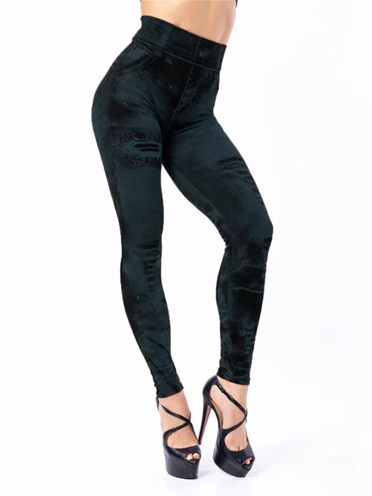 Push Up Jean-Look Leggings – Stretchy, Ripped Design, Perfect for Gym & Street - Black - leggings