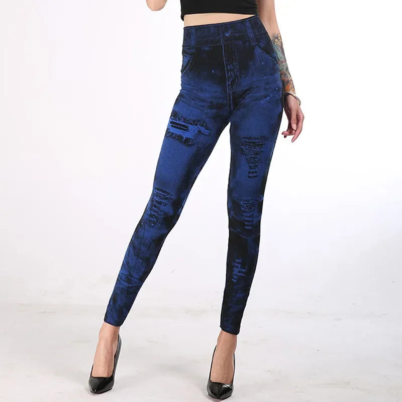 Push Up Jean-Look Leggings – Stretchy, Ripped Design, Perfect for Gym & Street - - leggings