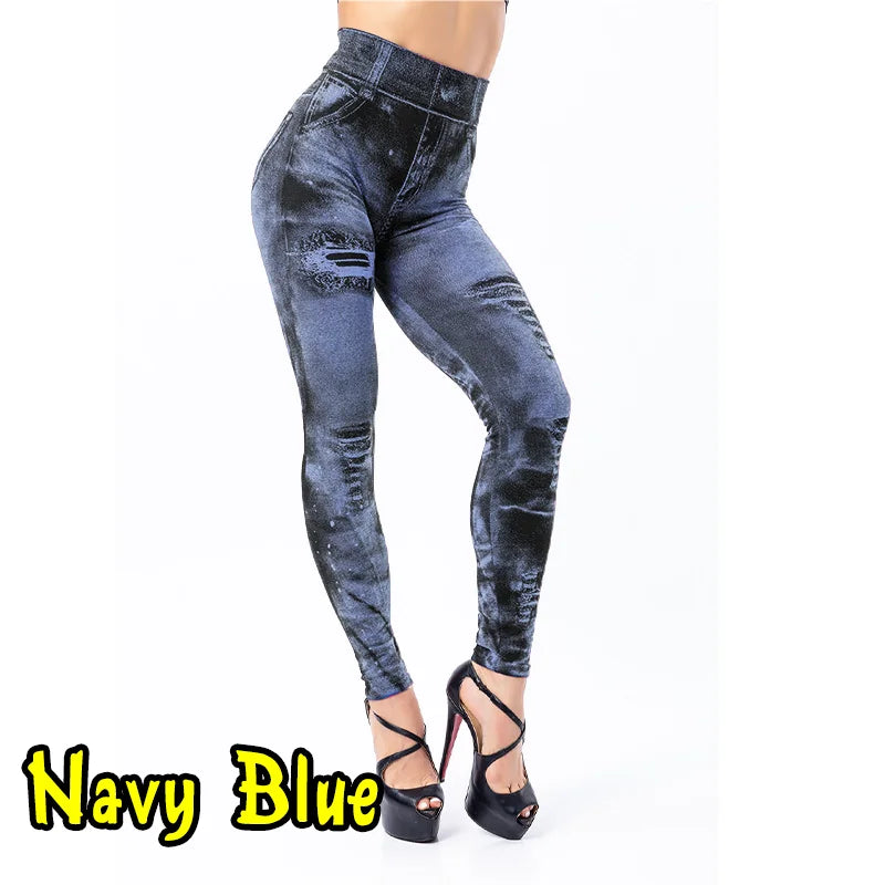 Push Up Jean-Look Leggings – Stretchy, Ripped Design, Perfect for Gym & Street - Navy Blue - leggings