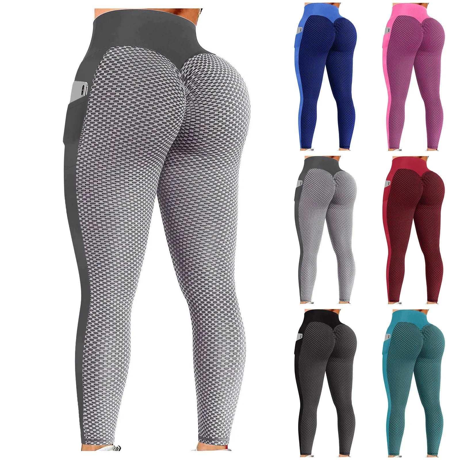 Anti Cellulite Pocket Leggings Women Push Up Honeycomb Butt Lift Booty Tights Sexy Workout Fitness Yoga High Waist Ruched Pants - - LEGGINGS