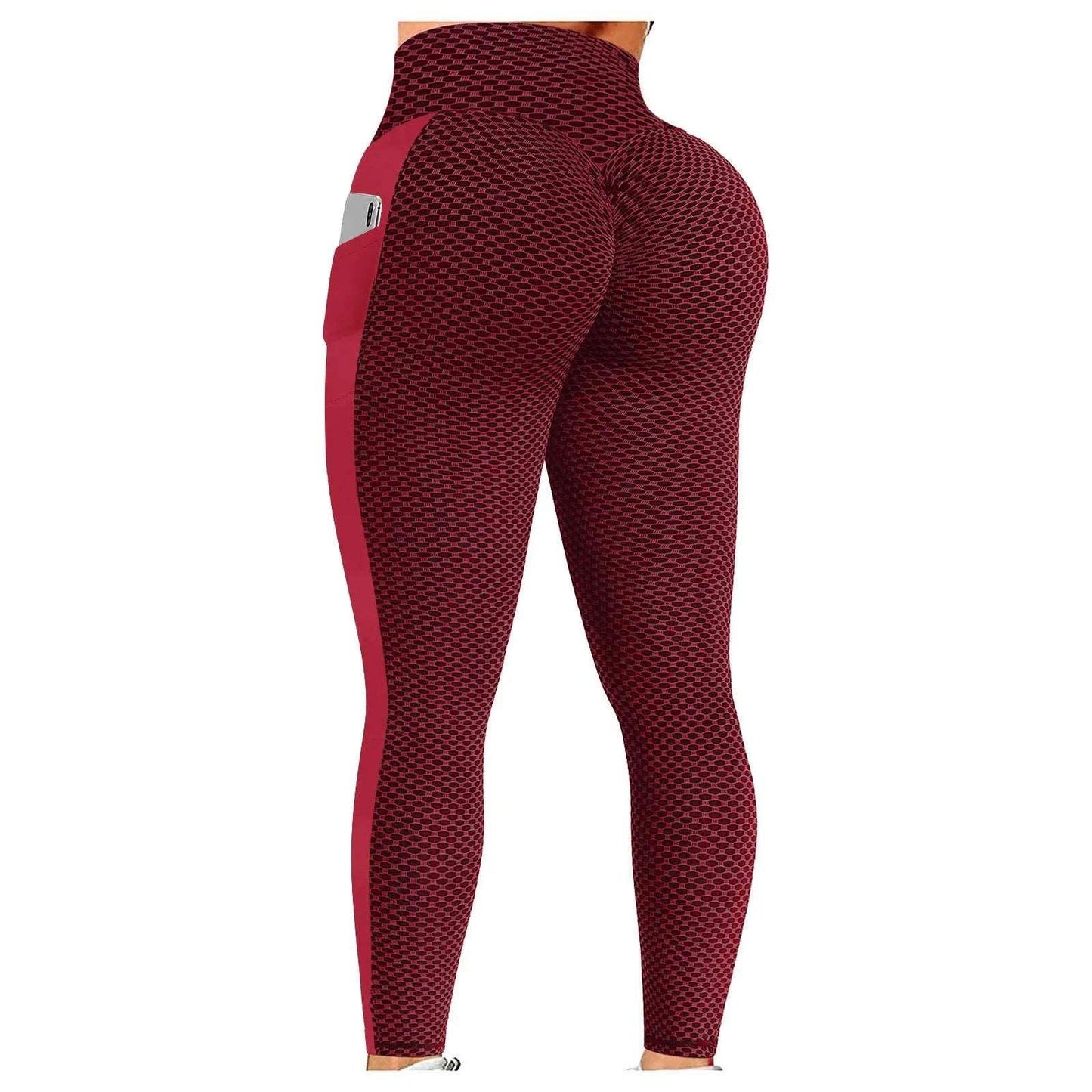 Anti Cellulite Pocket Leggings Women Push Up Honeycomb Butt Lift Booty Tights Sexy Workout Fitness Yoga High Waist Ruched Pants - b-Red - LEGGINGS