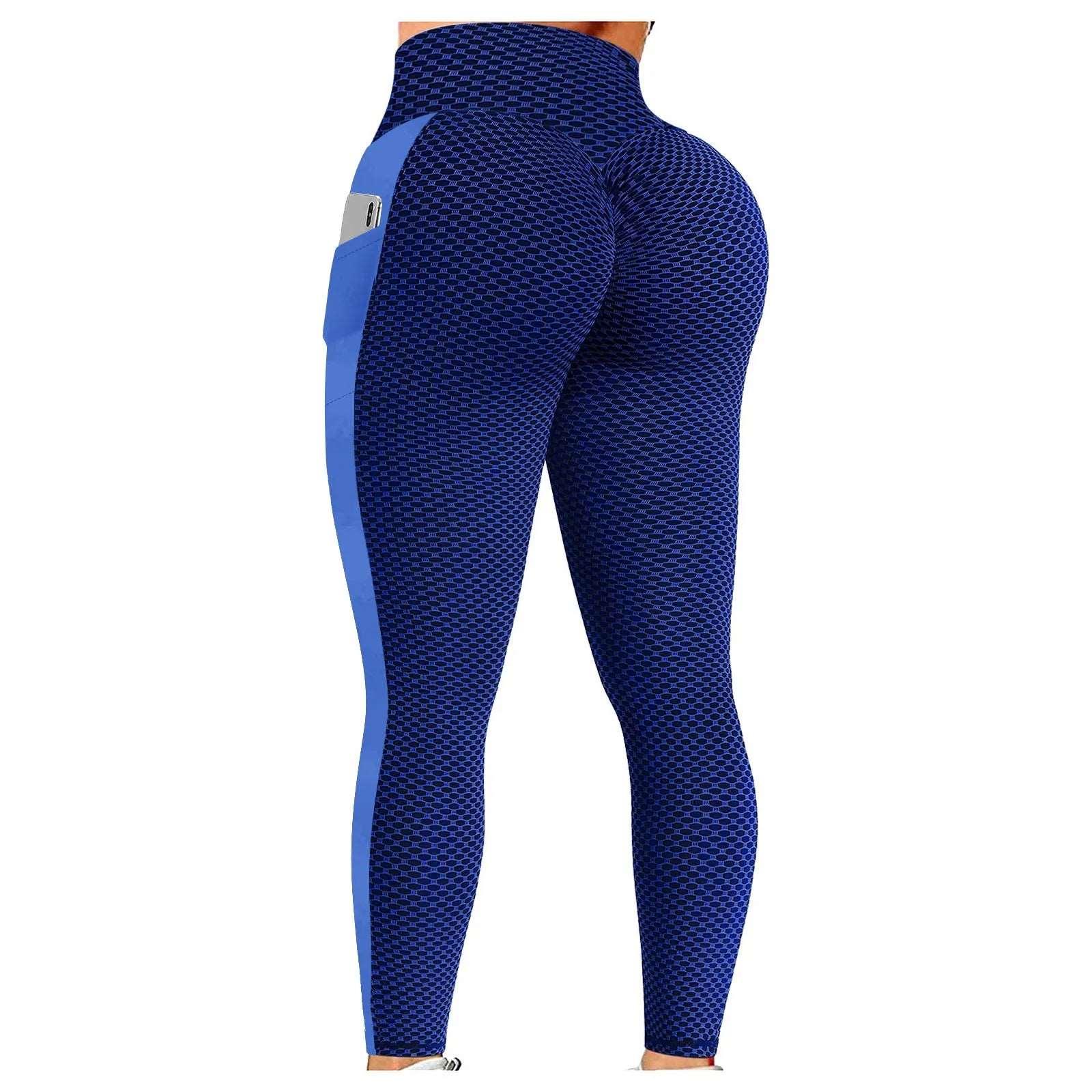 Anti Cellulite Pocket Leggings Women Push Up Honeycomb Butt Lift Booty Tights Sexy Workout Fitness Yoga High Waist Ruched Pants - b-Blue - LEGGINGS