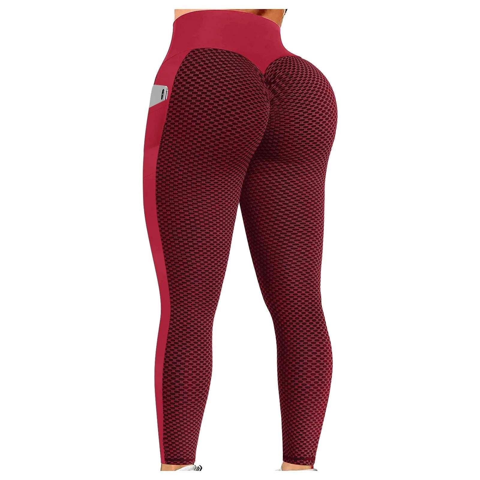 Anti Cellulite Pocket Leggings Women Push Up Honeycomb Butt Lift Booty Tights Sexy Workout Fitness Yoga High Waist Ruched Pants - a-Red - LEGGINGS