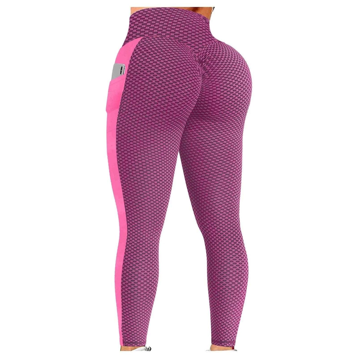 Anti Cellulite Pocket Leggings Women Push Up Honeycomb Butt Lift Booty Tights Sexy Workout Fitness Yoga High Waist Ruched Pants - b-Pink - LEGGINGS