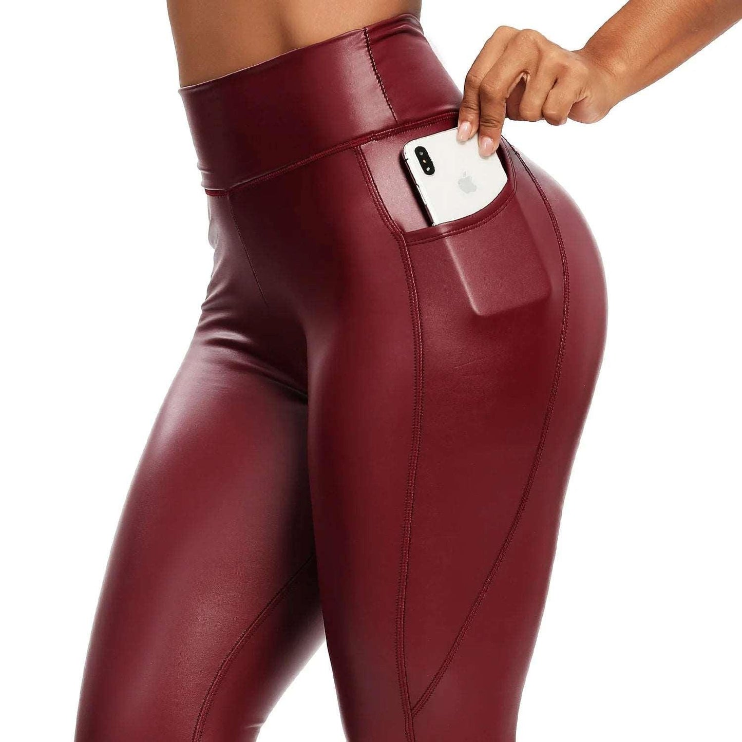 Winter Black Leather Leggings Women Skinny Push Up High Waist Legging Pockets PU Pants Thin Velvet Trousers Stretch Sexy Leggins - Side Pockets WineRed - LEGGINGS